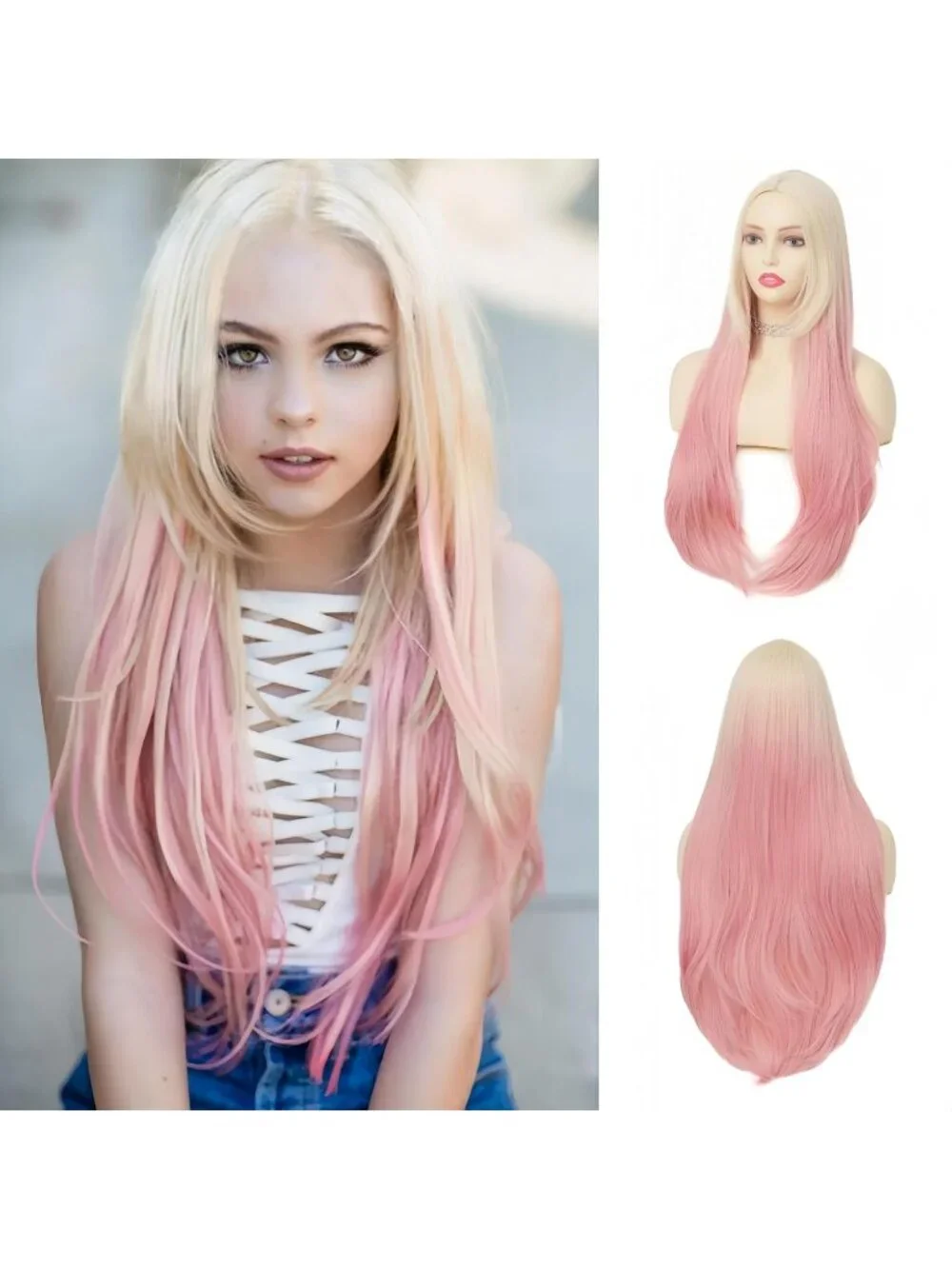 Women's Blonde Pink Long Curly Wig With Wavy Synthetic Cosplay Halloween Wig
